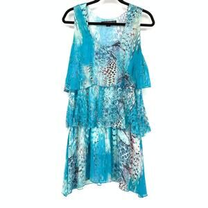 Muska By Sienna Rose Layered Mini Dress Womens Sz L Blue White Brown Multi Print